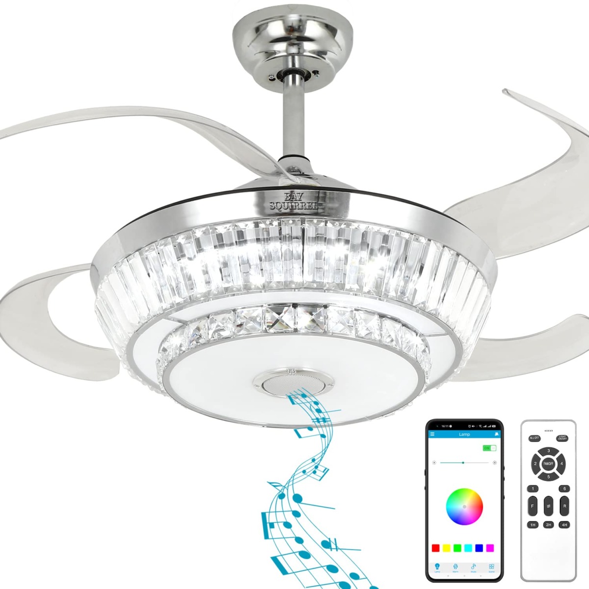 BAYSQUIRREL Retractable Bluetooth Ceiling Fan with Speaker, 85 Kinds of Color Light Bluetooth Ceiling Fan with Light,6 Speed Reversible Modern Invisible Ceiling Fan,Remote and APP Control | The Storepaperoomates Retail Market - Fast Affordable Shopping