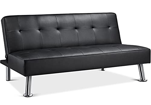 Topeakmart Tufted Faux Leather Sofa Couch Foldable Sofa Sleeper Bed Black Guest Couch Bed Converts to Recliner and Bed