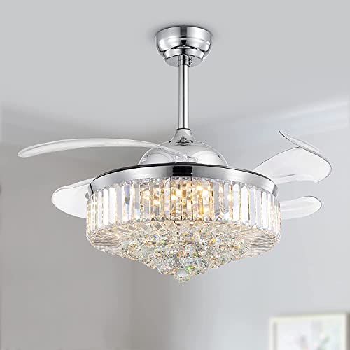 APBEAMLighting Retractable Crystal Ceiling Fan Light Modern Dimmable LED Fandelier Fan with Remote Control Invisible Reverse Blades Silent Motor for Bedroom Living Room Polished Chrome 42 Inches