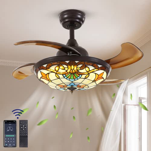 APBEAMLighting 36″ Tiffany Retractable Ceiling Fan Stained Glass Ceiling Fan Chandelier Ceiling Fan with Light Remote Control Dimmable with 4 Reverse Blades for Bedroom, Living and Dining Room