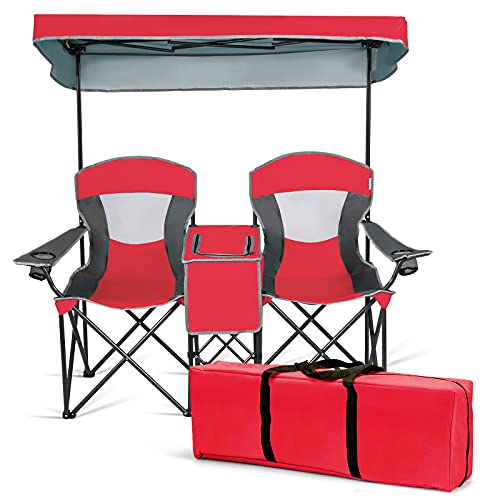 S AFSTAR Double Camping Chair w/Shade Canopy, 2-Person Folding Camp and Beach Chair with Mini Table Beverage Cup Holder Carrying Bag for Garden Patio Pool Beach, Red
