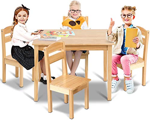 ReunionG 5-Piece Kids Table and Chairs Set, Children Wooden Activity Table and 4 Chairs, Playroom Furniture Picnic Table with Chairs (Natural)