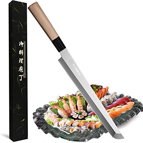 Waterboss,10.6 inch (270mm) Sakimaru Knife Japanese Sushi Chef Knife Salmon Knife Slicer Razor Sharp Sashimi Watermelon Knives, 5Cr15mov Stainless Steel Sashimi Yanagiba Knife, Maple Handle,