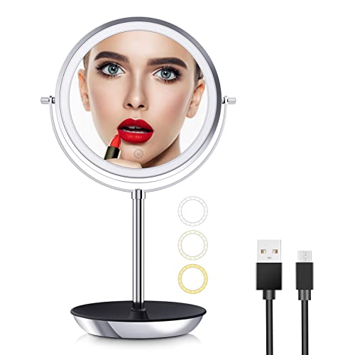 Rechargeable Lighted Makeup Mirror 1X/10X Magnifying, 8″ Double Sided LED Vanity Mirror- 3 Color Lights and Brightness Adjustable, 360° Free Rotation Cordless Standing Mirror with Storage Tray
