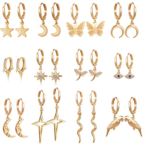 12 Pairs Gold Butterfly Dangle Earrings for Women – Mini Hoop Earrings for Teens Butterfly Earrings Cartikage Earrings Snake Earrings Moon Star Earrings Sun Earrings Set for Girls Cute Earrings Pack