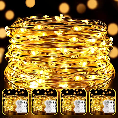 YOEEN 4 Pack 33Ft 100 LED Fairy Lights Battery Operated with Remote Control Timer Waterproof 8 Modes Copper Wire Twinkle String Lights for Bedroom Garden Party Wedding Chirstmas Decor, Warm White