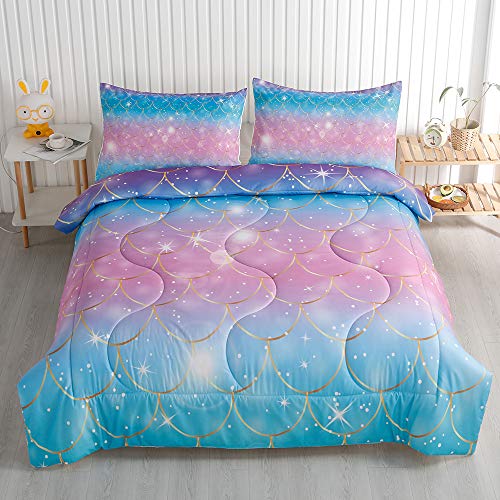 Roscloud Kids Mermaid Scale Twin/Full Comforter Sets Rainbow Girls Bedding Sets – Clolorful Scale Golden Border Diamonds Pearl Stars Quilt Set Bedspread – 72*86 Inch (Comforter*1 Pillowcase*2)