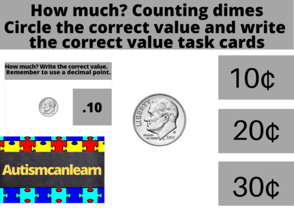 Counting dimes–circle and write in the correct values, print and google slides