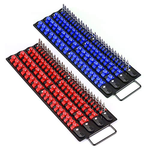Mayouko 80-Piece Portable Socket Organizer Tray, 2 Pcs Set, Blue & Red, Tools Organizer 1/4-Inch, 3/8-Inch, 1/2-Inch, Heavy Duty Socket Holder, Black Rails, Blue & Red Clips