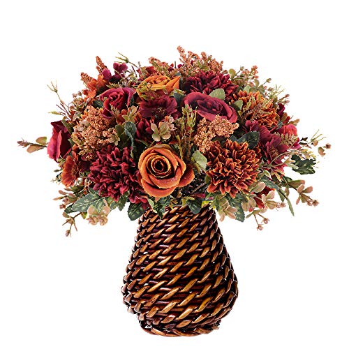 Homsunny Fall Artificial Flowers in Vase, Silk Flowers Arrangements, Fake Rose Bouquets with Vase for Home Office Dinning Room Table Kitchen Desktop Decoration (Brown)