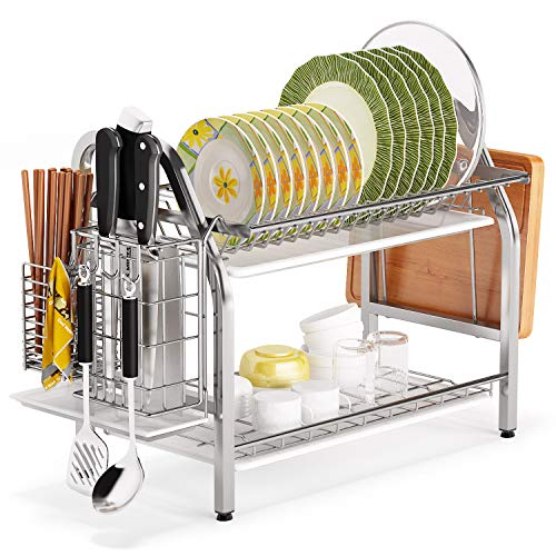 1Easylife Dish Drying Rack, 2 Tier Dish Rack Stainless Steel with Utensil Knife Holder and Cutting Board Holder Dish Drainer with Removable Drain Board for Kitchen Counter Organizer Storage (Silver)