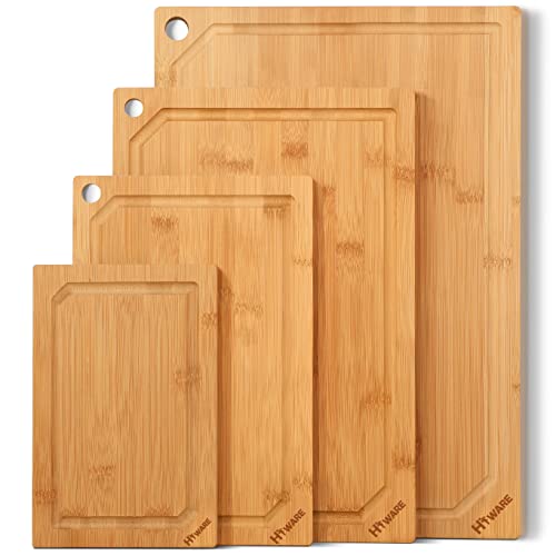 Hiware 4-Piece Bamboo Cutting Boards Set for Kitchen, Heavy Duty Cutting Board with Juice Groove, Bamboo Chopping Board Set for Meat, Vegetables – Pre Oiled, Extra Large