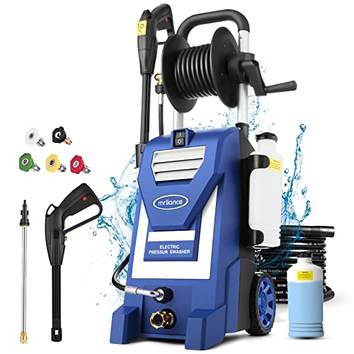 Pressure Washer mrliance Electric Power Washer 1800W High Pressure Washer MR3000 Professional Car Washer with Hose Reel, 5 Nozzles, Soap Bottle for Cleaning Houses Driveways Fences Garden (Blue)