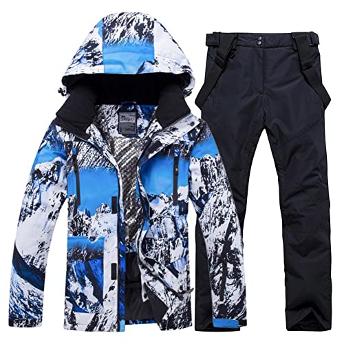YEEFINE Men’s Ski Suit Waterproof Snow Suits Two Piece Snowboard Jacket and Pants Set Outdoor Windproof Snowsuit Winter Warm Snow Coats(Blue+Black,L)