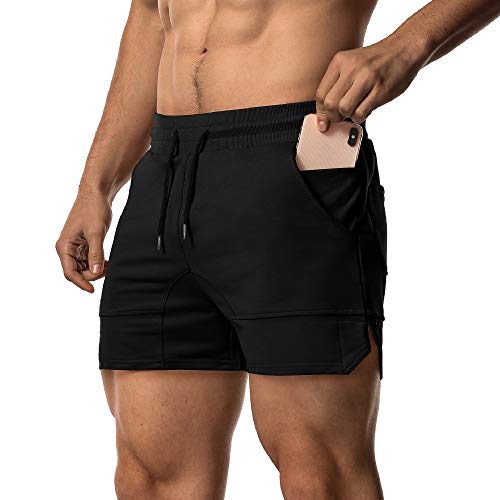 EVERWORTH Men’s Workout Shorts Fitness Bodybuilding Running Fitted Short Gym Training Jogging Short Pants with Zipper Pocket and Towel Loop Black US M Tag XL
