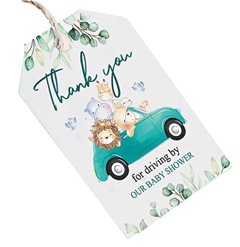 Thank You for Driving by Our Baby Shower Tags with String, Animal Car Nursery Tags, Pack of 50 Counts