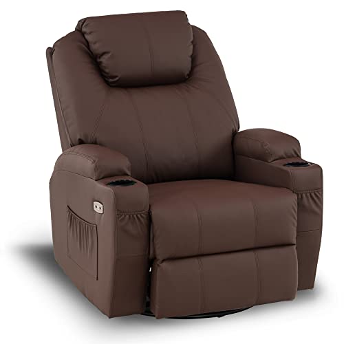 MCombo Manual Swivel Glider Rocker Recliner Chair with Massage and Heat for Adult, Cup Holders, USB Ports, 2 Side Pockets, Faux Leather 8031 (Light Brown)