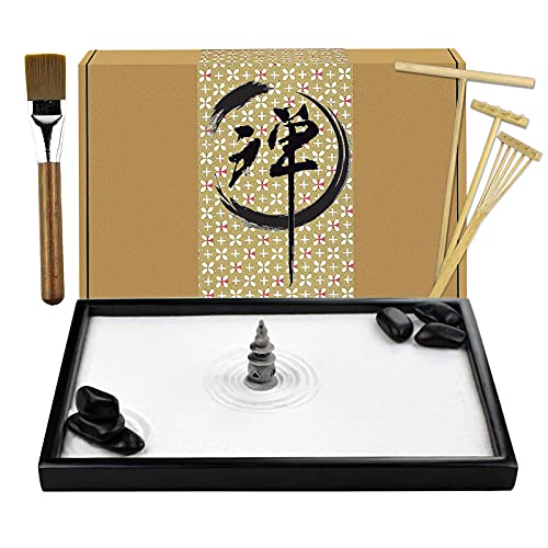 Artcome Japanese Zen Sand Garden for Desk with Rake, Stand, Rocks and Mini Furnishing Articles – Office Table Accessories, Mini Zen Sand Garden Kit – Meditation Gifts