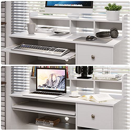 Crestlive Products Writing Computer Desk with Keyboard Tray & Drawer, Home Office Furniture, Floating Organizer 2-Tier Wooden Mission Home Computer Vanity Desk for Apartment Small Space (White) | The Storepaperoomates Retail Market - Fast Affordable Shopping