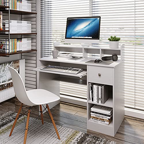 Crestlive Products Writing Computer Desk with Keyboard Tray & Drawer, Home Office Furniture, Floating Organizer 2-Tier Wooden Mission Home Computer Vanity Desk for Apartment Small Space (White) | The Storepaperoomates Retail Market - Fast Affordable Shopping