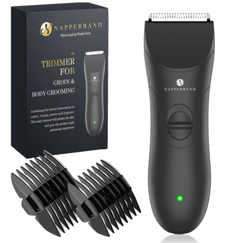 NAPPERBAND Pubic Hair Trimmer. Body Beard Stubble Head Groin Shaver and Groomer for Men. Tidy Private Parts Balls Replaceable Ceramic Safety Blades. Rechargeable Manscaping Made Easy Grooming Kit