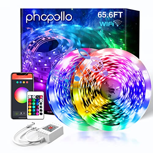 phopollo 65.6 ft WiFi LED Strip Light, Smart LED Strip Light Compatible with Alexa and Google Home, app & Remote Control & Voice Control Music Synchronized Color Change, for Bedroom Party, Kitchen