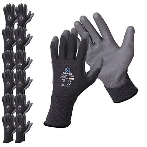 GlovBE 12 Pairs Polyester Work Gloves, Polyurethane (PU) Coated, Black (Medium)