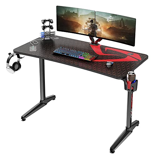 It’s_Organized 47 inch Gaming Desk Racing Style Computer Desk with Free Mouse pad, T-Shaped Professional Gamer Game Station with USB Gaming Handle Rack, Cup Holder & Headphone Hook,Black