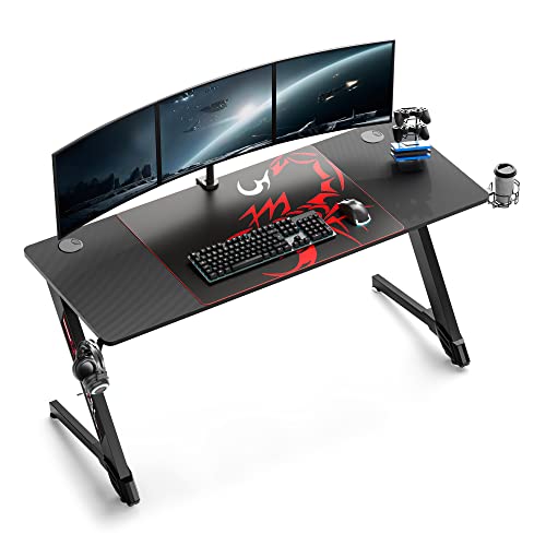 It’s_Organized Gaming Desk, 60 Inch Z Shaped Carbon Fiber Surface Desktop PC Computer Gaming Table Gamer Workstation with Free Mouse Pad Cup Holder Headphone Hook Handle Rack, Black