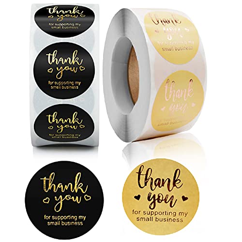 Thank You Stickers Roll Labels – Cavogue Thank You for Supporting My Small Business Stickers 1.5″ Round Thank You Purchase Labels with Gold Foil (2 Roll, 1000pcs)