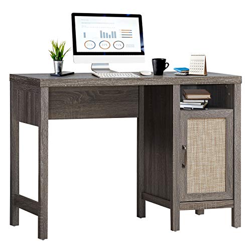 Tangkula Computer Desk with Storage Cabinet, Rustic Wooden Writing Desk Study Desk with Metal Handle, Compact Computer Desk Workstation Laptop PC Desk for Home Office (Grey Oak)