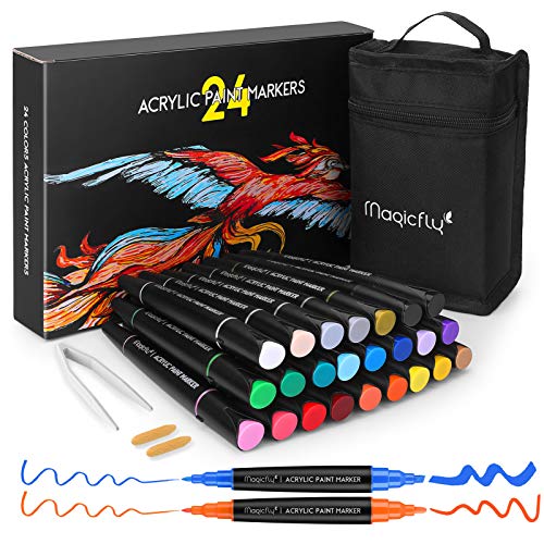 Magicfly 24 Colors Acrylic Paint Markers, Double-Sided Acrylic Paint Pens with Reversible Tip for Rock Painting, Stone, Ceramic, Glass, Wood, Waterproof, Non-toxic, Quick-Drying
