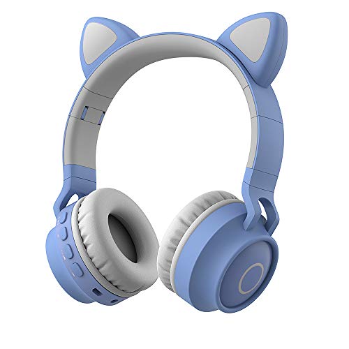 Wireless Bluetooth Kids Headphones, Damikan Cat Ear Bluetooth Over Ear Headphones, LED Lights, FM Radio, TF Card, Aux, Mic for iPhone/iPad/Kindle/Laptop/PC/TV(LT Blue)