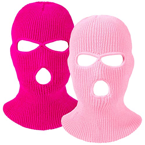 2 Pieces 3-Hole Ski Mask Knitted Face Cover Winter Balaclava Full Face Mask for Winter Outdoor Sports (Pink, Rose Red)