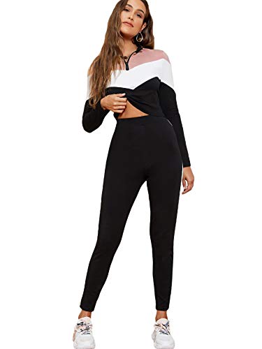 SweatyRocks Women’s 2 Pieces Outfits Crop Sweatshirt and Long Pants Tracksuits Set Sportwear Colorblock Black XS