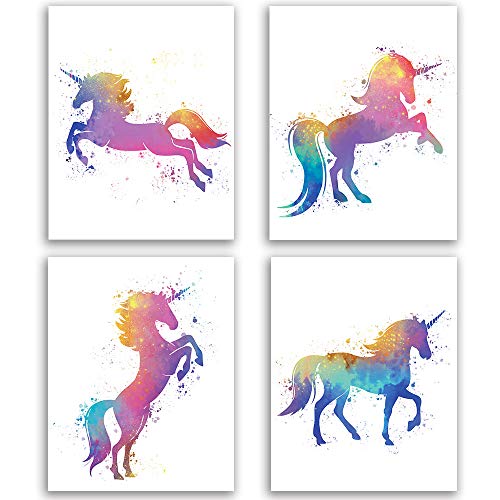 CHIEN-CHI LILI Unicorn Watercolor Wall Art Prints Set Of 4 (8”X10”), Perfect Unicorn Poster Gift for Girls Daughter Room, Nursery, Bedroom, Home Decor, No Frame