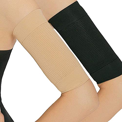BeeSpring 2 Pair Arm Slimming Shaper Wrap, Arm Compression Wrap Sleeve Helps Lose Arm Fat, Tone up Arm Shaping Sleeves for Women, Sport Fitness Arm Shapers(Beige + Black)