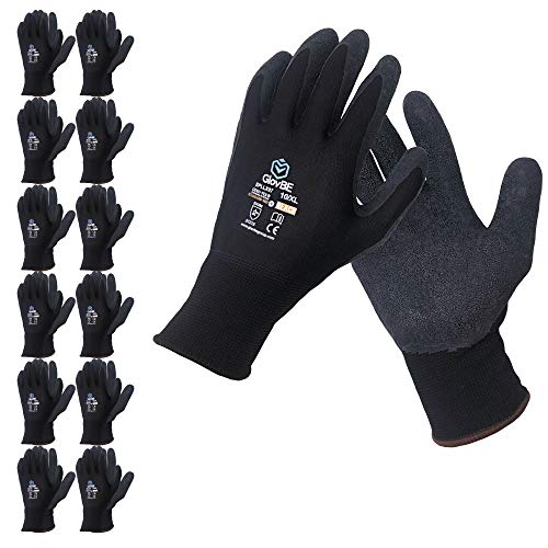 GlovBE 12 Pairs Grip All-Purpose Work Gloves with Latex Coated Palm, Black (Medium)