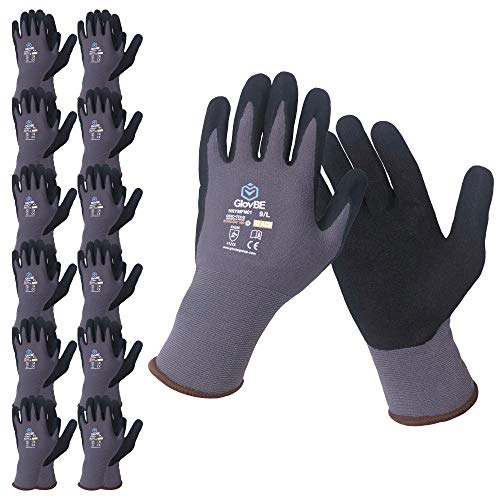 GlovBE 12 Pairs Nylon Work Gloves, Nitrile Micro Foam Slip Resistant Coating on Palm, Smart Touch, Grey (Medium)