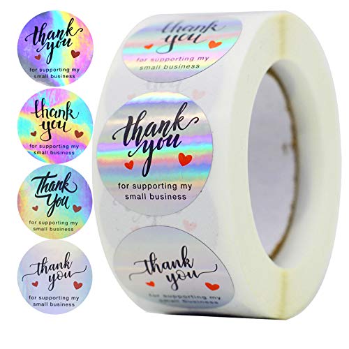 PPNZQAUT 500pcs Rainbow Holo Thank You Stickers 4 Designs 1″ Thank You for Supporting My Small Business Stickers Holographic Thank You Business Stickers Roll Small Thank You Labels for Business