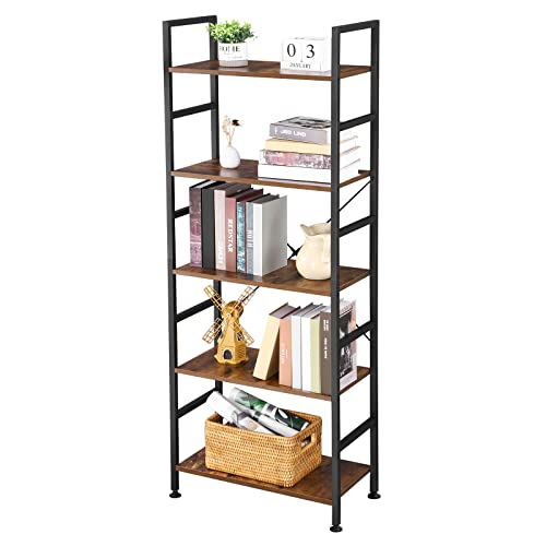 BEWISHOME 5 Tier Standing Bookshelf, Industrial Bookshelves with Wooden Shelf and Metal Frame, Rustic Brown 5 Shelf Tall Bookcase for Living Room, Bedroom and Home Office JCJ12Z