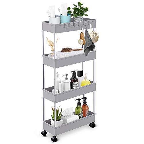 KPX Slim Rolling Storage Cart Kitchen Small Shelves Organizer with Casters Wheels Mobile Bathroom Slide Utility Cart, Small Shelf for Laundry Room, Make Up, Home School, Dorm Room (4-Tier, Gray)
