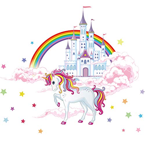 Colorful Unicorn Wall Stickers Unicorn Wall Decals with Rainbow White Castle DIY Removable Pink Clouds Stars Wall Art Decor for Kids Boys Girls Bedroom Nursery Bedroom Party Home Decoration (C102)