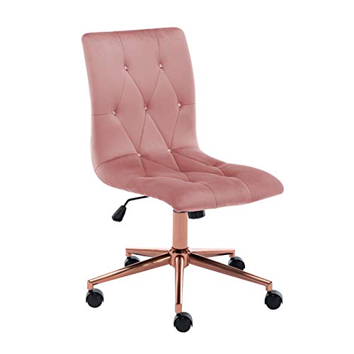 Duhome Armless Home Office Chair, Velvet Tufted Computer Rolling Desk Chair with Back Golden Base,Adjustable Vanity Chair with Wheels,Pink