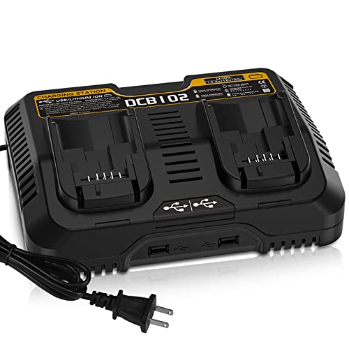 20 Volt Dual Port Battery Charger Replacement for Dewalt DCB102BP DCB102 Charger, Compatible with Dewalt 20V Battery Max Lithium DCB200 DCB203 DCB204 DCB206 DCB207