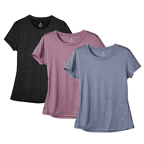icyzone Workout Running Tshirts for Women – Fitness Athletic Yoga Tops Exercise Gym Shirts (Pack of 3) (L, Black/Navy/Rose Wine)