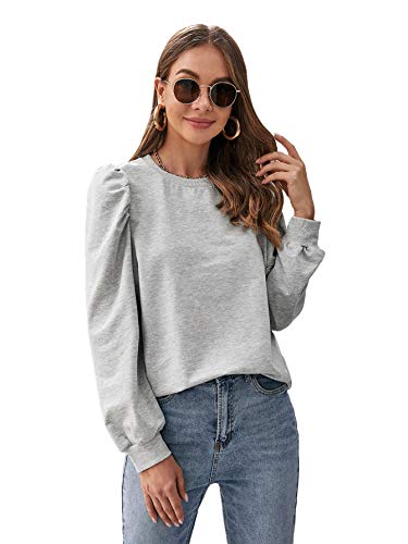 ROMWE Women’s Casual Puff Long Sleeve Crewneck Solid Sweatshirt Pullover Grey XS