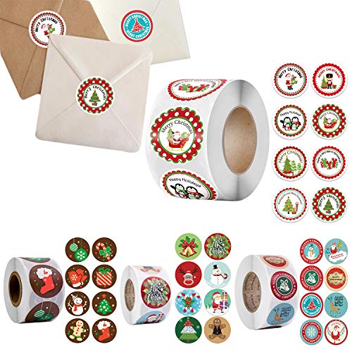 Agwut 2000 PCS Merry Christmas Round Adhesive Labels, Christmas Roll Pack Sticker for Cards Envelope Gift Boxes Envelope Seals Stickers for Cards (4 Rolls )