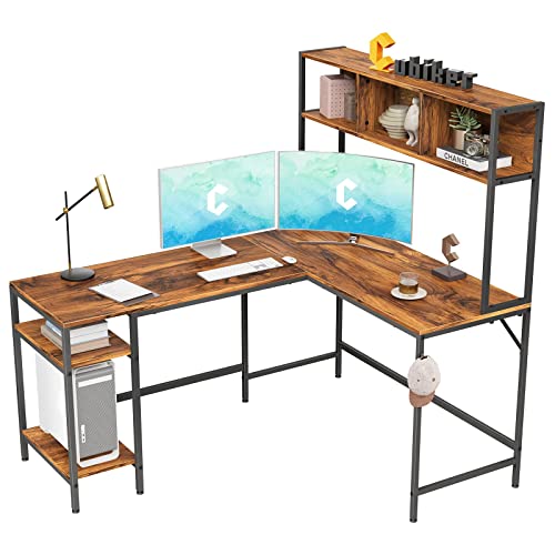 Cubiker L-Shaped Desk with Hutch, 60″ Corner Computer Desk, Home Office Gaming Table with Storage Shelves, Space-Saving, Dark Rustic