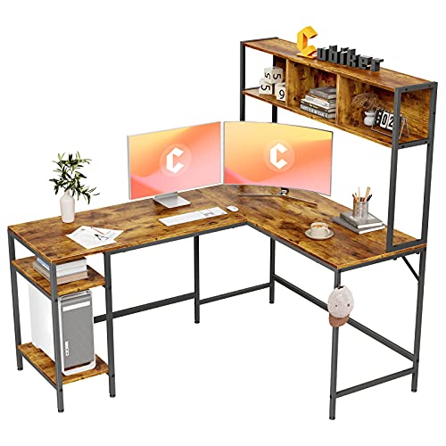 Cubiker L-Shaped Desk with Hutch, 60″ Corner Computer Desk, Home Office Gaming Table with Storage Shelves, Space-Saving, Rustic Brown